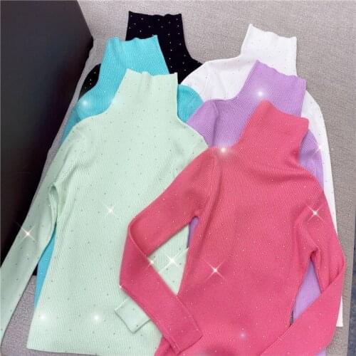 Turtleneck Rhinestone Sweater Woman 2021 Spring Winter New Korean Style All-Match Skinny Slim Sweaters Candy Color Pullovers