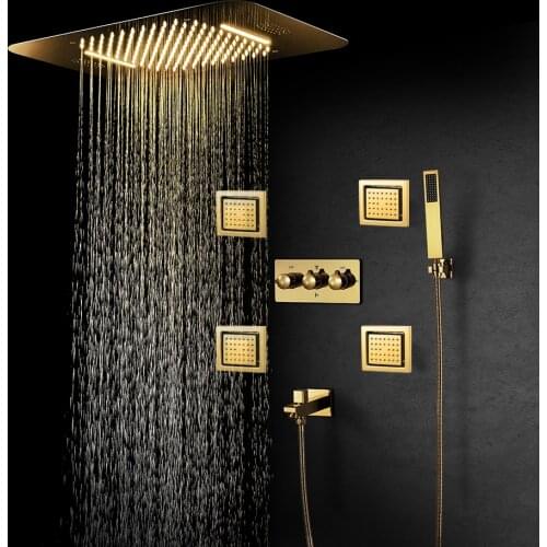Gold Thermostatic Rain Shower System Higt Pressure Waterfall ShowerHead Music Bluetooth Ceiling LED Shower Panel Bathroom Faucet