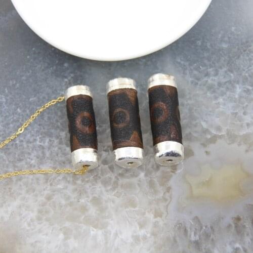 11x30mm Silvery Caps Tibetan Dzi Beads Connector Cylinder Eye Agates Pendant Necklace Amulet DIY Jewelry Accessories 1Pcs