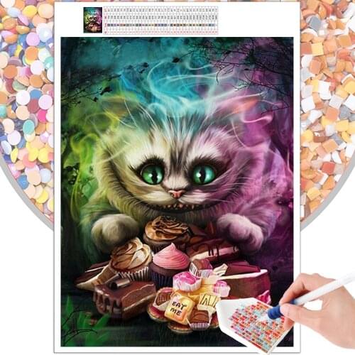 5D DIY Diamond Painting Cartoon Mosaic Cheshire Cat Embroidery Cross Stitch Kit Art Hobby Gift Round Square Rhinestone Home