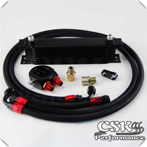 AN8 10 Row 248mm Universal Engine Transmission Oil Cooler British Type + Aluminum Filter Hose End Kit Black/Blue