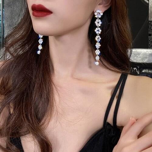 Sparkly rhinestone tassel earrings, fashion exaggerated crystal floral long earrings, dangling earrings, womens jewelry2020