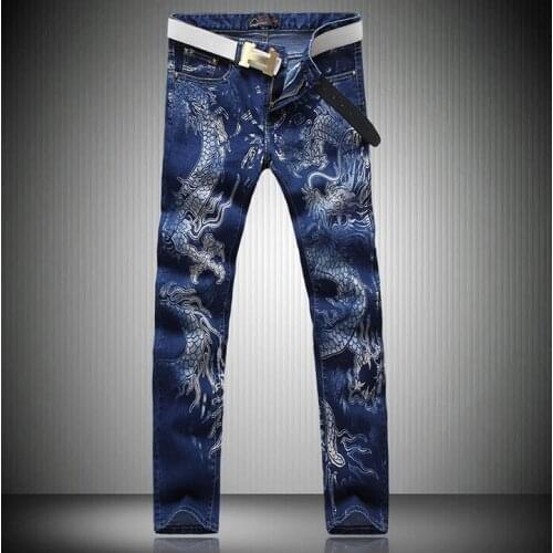 Dragon Print Jeans Mens Casual painting blue Cotton Denim Slim Fit Jeans fashion high quality