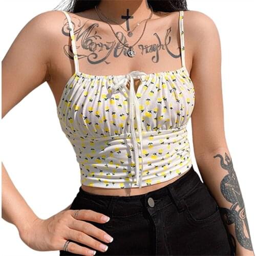Sweet Sexy Lace Up Floral Print Camis Women Sleeveless Slim Fit Holiday Beach Fashion Casual Crop Tops Summer Tank Tops