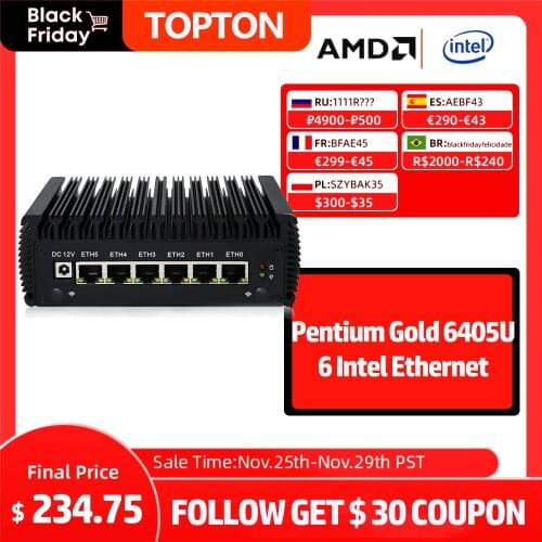 Fanless Mini PC Pfsense Intel Pentium Gold 6405U Firewall Appliance, VPN Router, AES-NI, Micro PC with 6 intel Gigabit Ethernet