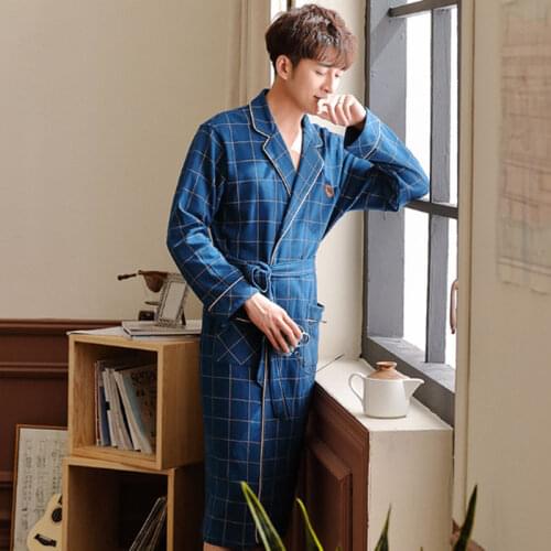 Mens Lattice Pajamas Robe Spring and Autumn Cotton Quality Long Sleeve Home Wear Clothing Mens Casual Bathrobe Plus Size