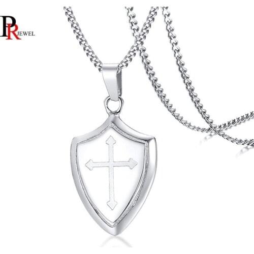 Mens Shield Necklaces Stainless Steel Shield of Faith Joshua 1:9b Armor of God Cross Necklace Prayer Jewelry