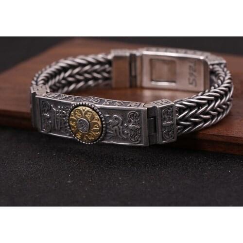 Mens Solid 925 Sterling Silver Om Mani Padme Hum vajra pestle Link Bracelet bangle Chain Jewelry A5191