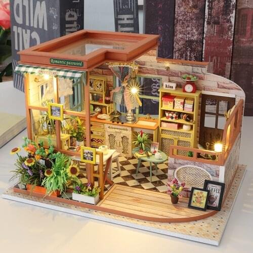 New DIY Wooden Dollhouse Furniture Kit with Light Miniature Accessories Music Bar Flower Doll House Casa Toys for Adults Gifts