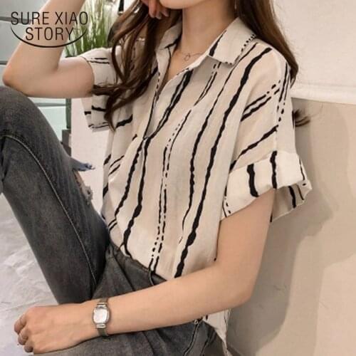 New 2018 Summer V Collar Stripe Printing Shirt Women Blouse Shirt Chiffon Short Sleeve Casual Female Clothing Blusas Top 0751 30