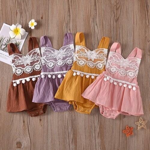 Girl Clothing Infant Baby Romper Dress Summer Sleeveless Cotton-Linens Lace Suspender Backless Dress Style One-Piece Bodysuit