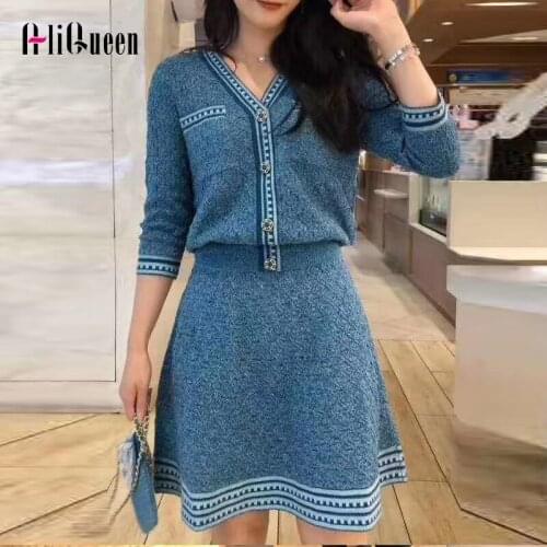 Autumn Knitted 2 Piece Set Women Striped V Neck short Cardigan Sweater Coat Tops + Mini Skirt Set Sweater Sets Skirt and Top Set