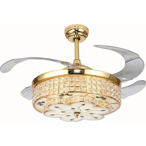 Modern LED Luxury 42 inch Invisible Retractable Crystal Ceiling Fans With Lights Bedroom Folding Ceiling Fan Lamp Remote Control