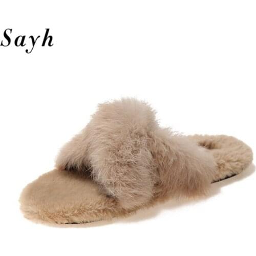 Winter Autumn Girls Flats Slippers Women Warm Faux Fur Mules Open Toe Casual Shoes Outdoor Cotton Shoes Size