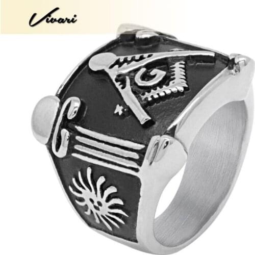 Vivari Mens Stainless Steel Heavy Ring with Silver Detailed Masonic Man Logo Etching on Black Back Ground