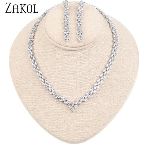 ZAKOL Luxury Shinny Marquise Cut Cubic Zircon Necklace Earrings Jewelry Sets for Women Fashion White Leaf Wedding Dress FSSP158