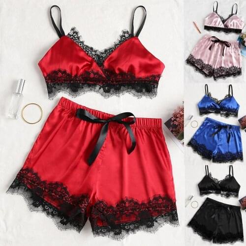 Women Sexy Satin Lace Sleepwear Babydoll Nightdress Pajamas Set 2pcs Nightwear Exotic Sets