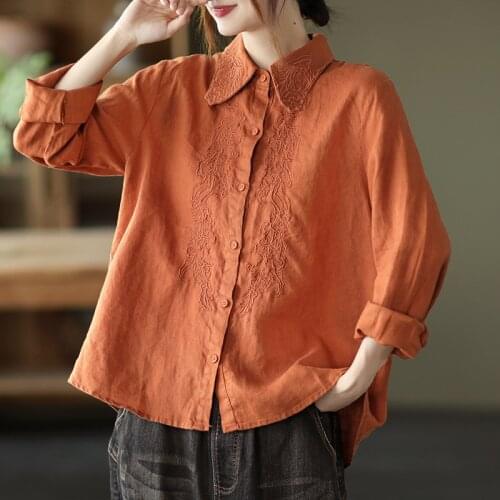 Johnature Vintage Embroidery Women Shirts Linen Turn-down Collar Long Sleeve Solid Color Loose Blouse 2021 Autumn New Shirts
