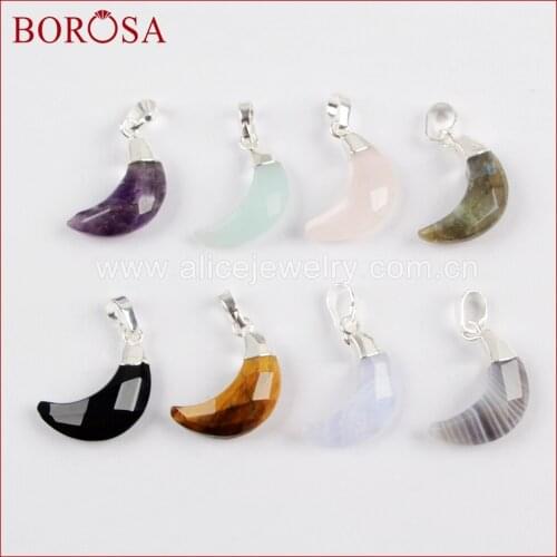 BOROSA Wholesale Multi-kind Stone Crescent Silver Plated Pendants Druzy Faceted Natural Stones Pendant for Women Necklace WX905