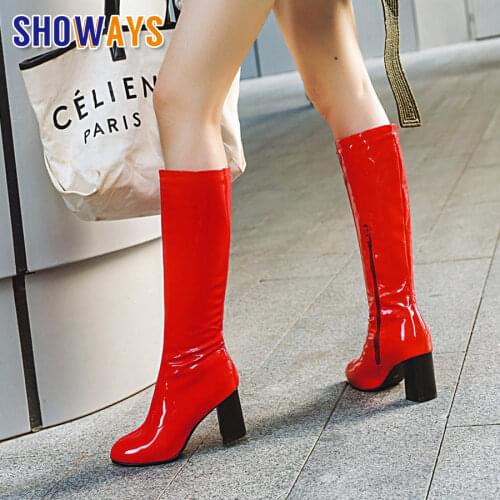 Plus Size Winter Women Knee High Boots White Stretch Patent Leather Block Heels Party Lady Pointed Toe Zipper Long Riding Boots