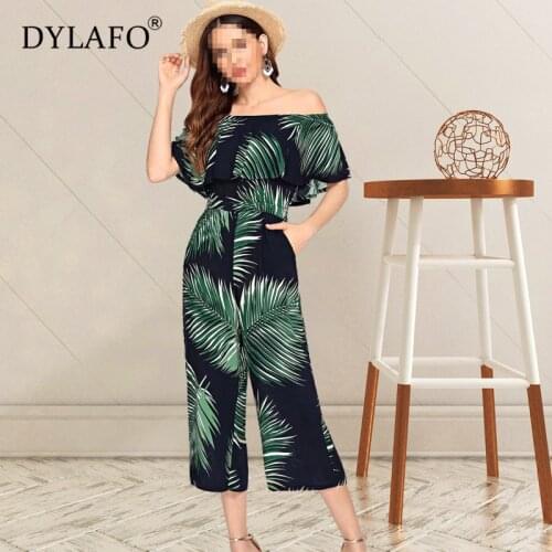 Women Summer Leaf Print Jumpsuit Off Shoulder Wide Leg Streetwear Rompers Sexy Night Club Party Elegant Casual Overalls