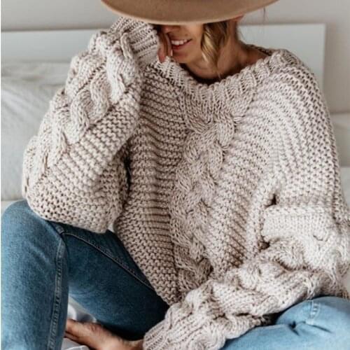 Women Winter Long Sleeve V-Neck Sweater Chunky Cable Knit Solid Color Jumper Top