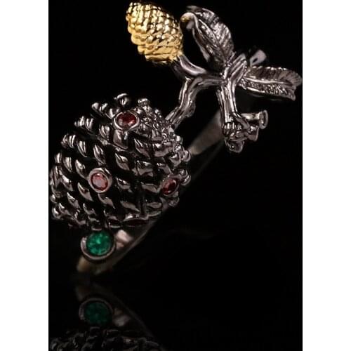 Exquisite and Unique Design 925 Sterling Silver Ruby Pine Cone Opening Ring Female Retro Wedding Black Gold Ring Italian Jewelry