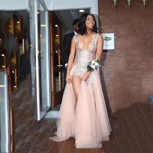 Abendkleider Shinny Sequine V-Neck Prom Dresses 2020 Sleeveless Split Side Women Formal Evening Gowns Saudi Arabia Plus Size