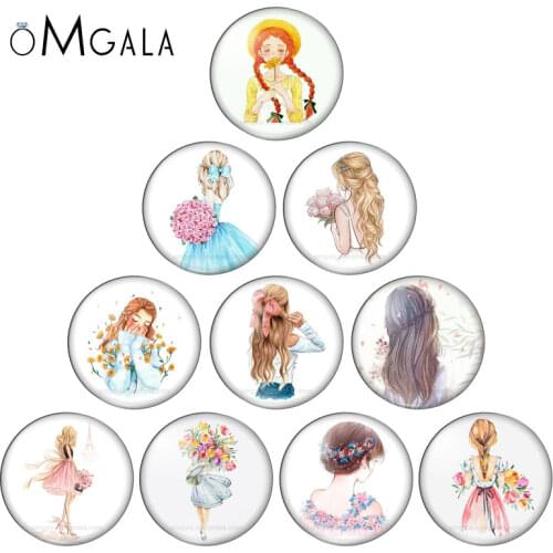 Fashion Beauty Girls Hand Drawing girl 10pcs 12mm/18mm/20mm/25mm Round photo glass cabochon demo flat back Making findings