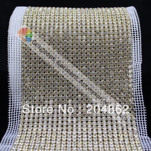 10yards 24 row Sew on rhinestone mesh trim SS20 crystal Gold Sliver base White fabric mesh For Wedding Cake Dress Decoration