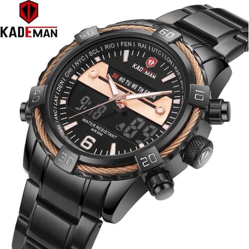 KADEMAN Men Watches Dual Movement Sport Luxury Brand LED Digital Quartz Wrist Full Steel Casual Alarm Clock Relogio Masculino