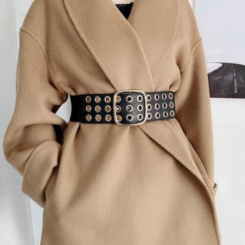 Black Faux Leather Elastic Corset Cummerbunds Wide Waist Belts Women Ceinture Femme Gold Square Pin Buckle Punk Rivet Waistbands