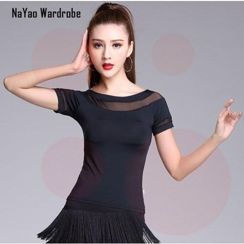 Black Latin Dance Dress Women Half Sleeve Boat Neck Tops for Ballroom Samba Tango Chacha Belly Dancing Performamnce SS067