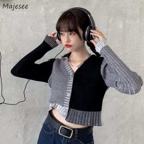 Cardigan Women Long Sleeve High Street Hipster Patchwork V-neck Cool Retro Slim Crop Sweater Single Breasted Casual Design Girl