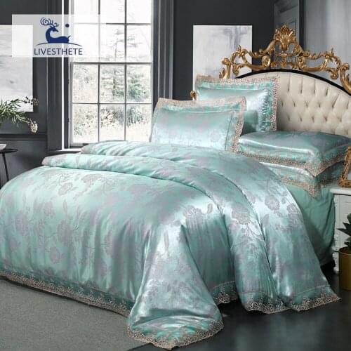 Liv-Esthete Green Bedding Set Luxury Euro Duvet Cover Bedspread Double Queen King Lace 100% Cotton Fitted Sheet Mattress Elastic