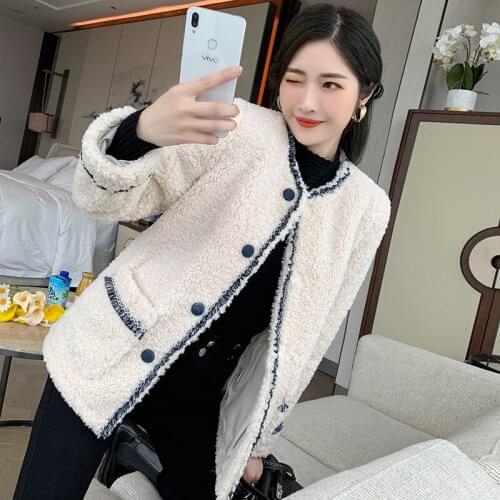 Korean Fashion Versatile Loose Grain Cashmere Thickened Lamb Wool Short Coat Womens Autumn Winter 2021 New Top