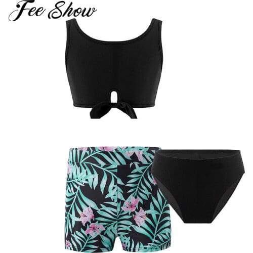Kids Girls Print Swimwear Swimming Sets Bathing Suit Sleeveless Adorned Crop Tops with Briefs and Shorts Set Swimsuit Beachwear