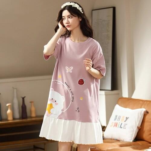 Summer Nightdress For Women Short Sleeve Cotton Nightwear Dress Cute Girls Plus Size Nightgowns Loose Pajamas Ladies Home Dress