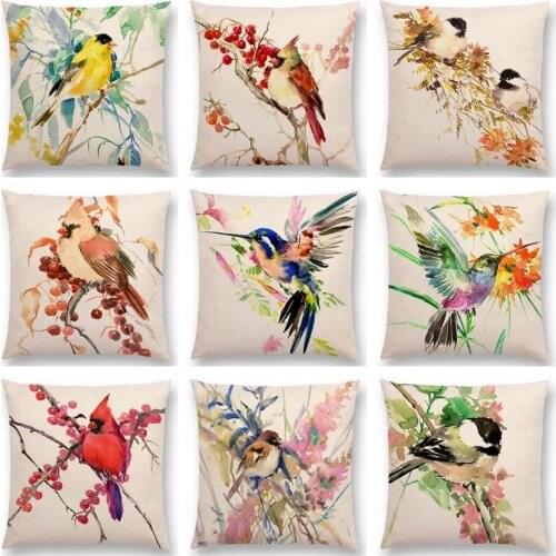 Polyester Linen Watercolor Birds Cushion Cover Goldfinch Chickadee Cardinal Kingfisher Prints Super soft Double Pillow Case 45cm