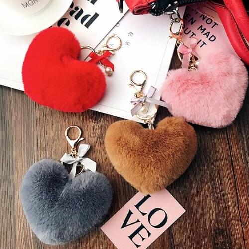 Love Heart Pompom Keychain Ball Women Purse Bag Key Chain Pom Pom Round Ball Trinket Car Bag Key Ring Friends Gifts for Lovers