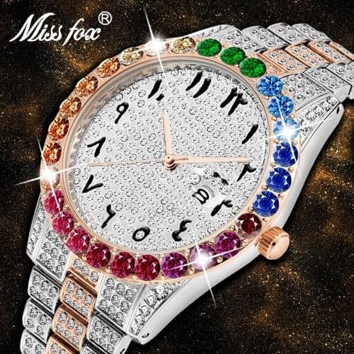 MISSFOX Iced Out Men Watches Top Brand Luxury Rainbow Diamond Quartz Gold Watch Men Big Dial Rose Gold Business Wristwatch Mens