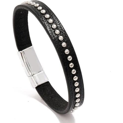 Hot Drilling Leather Bracelet Bangle for Men Korean Fashion Braclet Alloy Magnetic Clasp Wristband Mens Hand Jewelry Accessories