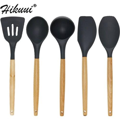 5 pcs Silicone Cooking Utensil Set Kitchenware With Wooden Handle BPA Free Non-stick Heat Resistant Cookware Set Tools