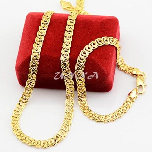 Hot Men Woman 7mm Jewelry Sets Yellow Gold Color Necklaces Bracelets Chains Set