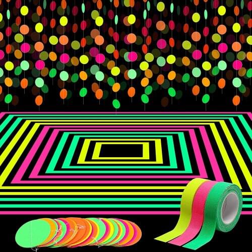 72ft Neon Paper Garland Circle Dots Hanging and 3pcs Uv Blacklight Tapes For Birthday Wedding Glow in Black Light Neon Party