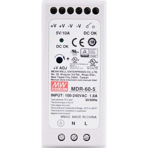 Original Mean Well MDR-60-5 series DC 5V 10A 50W meanwell Single Output Industrial DIN Rail Power Supply