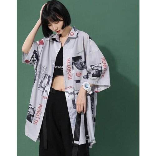 HOUZHOU Harajuku Shirts Women Vintage Print Black Top Button Up Short Sleeve Feminine Blouse Korean Fashion Streetwear Cardigan