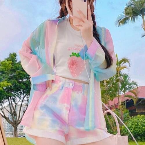 Sweet Korean Oversize Rainbow Print Shirt Women Japan Kawaii Long Sleeve Button Up Blouses Soft Girl Y2K Summer Cardigan Blouse