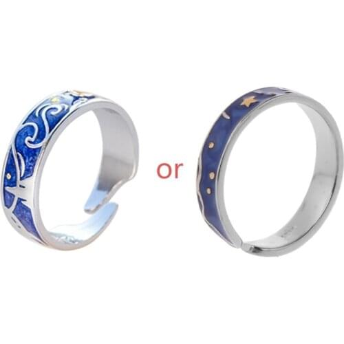 S925 Silvery Plated Van Gogh Starry Sky Open Lover Rings Band Romantic Jewelry