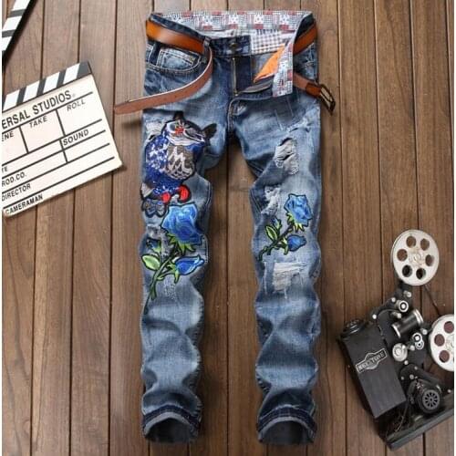 Blue cheap Hole jeans men biker jeans men trousers male Embroidered owl denim pants masculino motorcycle fashion designer